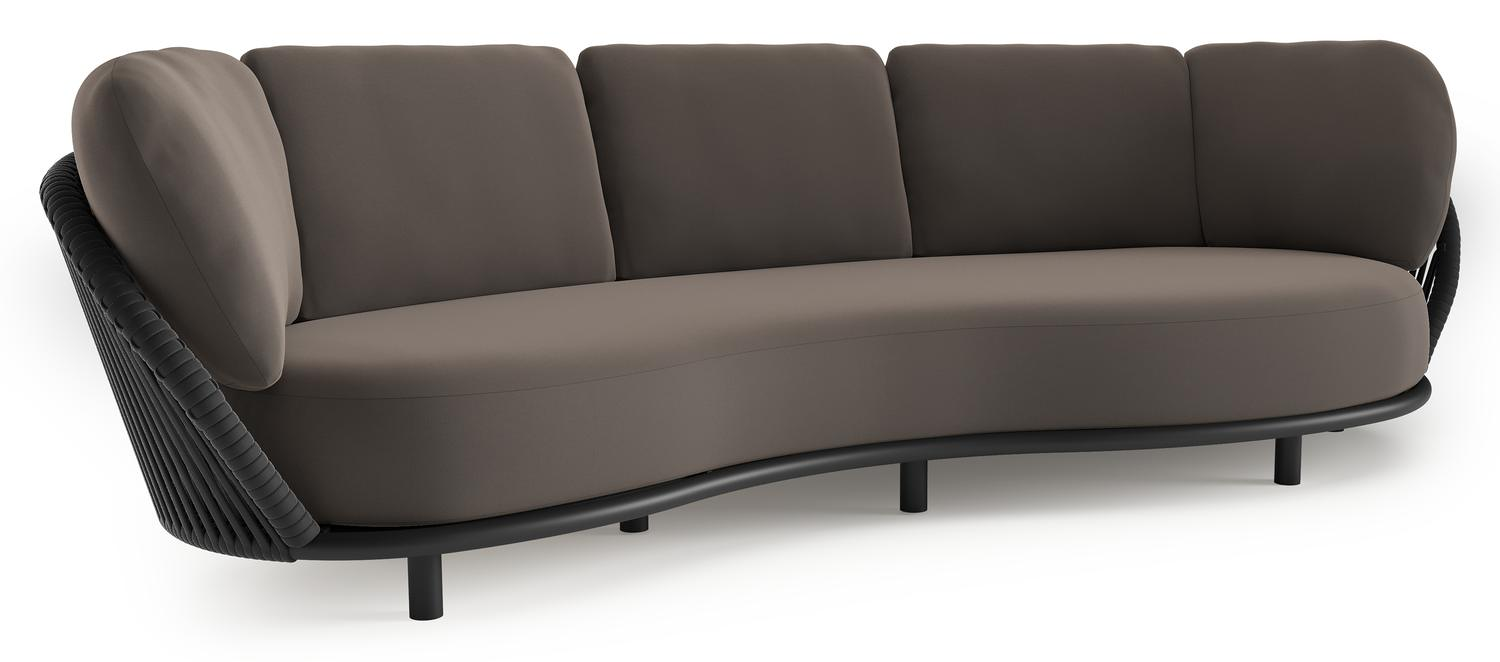 Canapé de jardin Lupino en aluminium noir et corde large plate de luxe tissée verticalement noir et coussins en all weather sunbrella® luxe natte nature grey