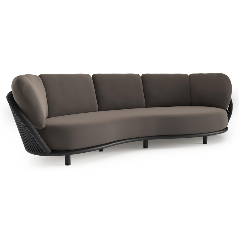 Canapé de jardin Lupino en aluminium noir et corde large plate de luxe tissée verticalement noir et coussins en all weather sunbrella® luxe natte nature grey