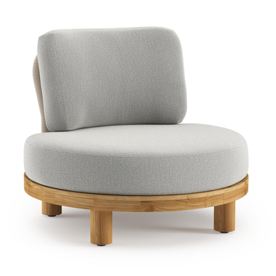 Fauteuil de jardin Donato en teck et corde ronde tissée verticalement beige et coussins en all weather sunbrella® luxe Savane Nimbus