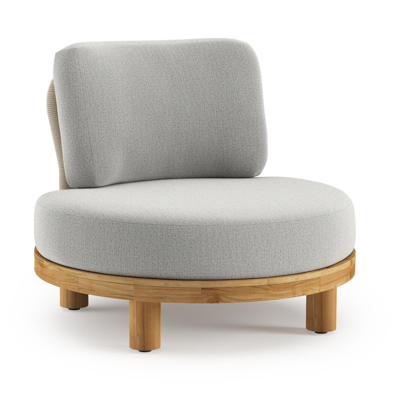 Donato loungestoel in teak en beige verticaal geweven ronde rope met all weather sunbrella® luxe Savane Nimbus kussen