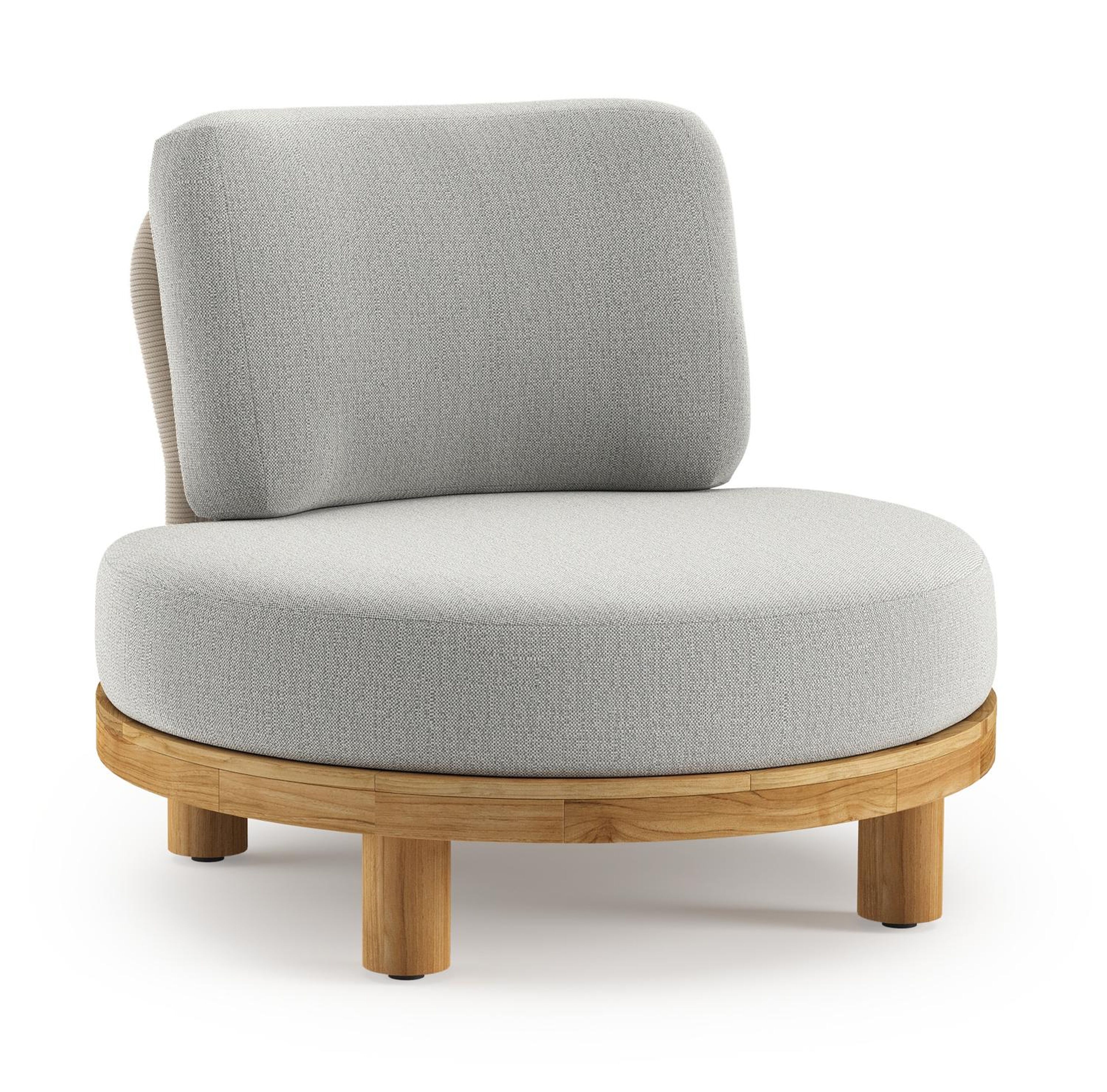 Fauteuil de jardin Donato en teck et corde ronde tissée verticalement beige et coussins en all weather sunbrella® luxe Savane Nimbus