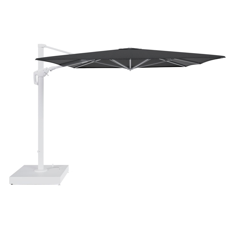 Parasol pendant Minore avec fonction tilt en aluminium blanc et toile de parasol All Weather Sunbrella® Luxe Chartres Sooty - Lg.1 400 x Lg.2 300 cm avec pied de parasol Minore 260 kg avec roulettes