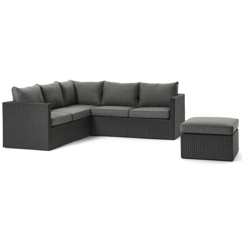 Gio loungehoek in zwart wicker en aluminium met grijs polyester kussen en loungetafel