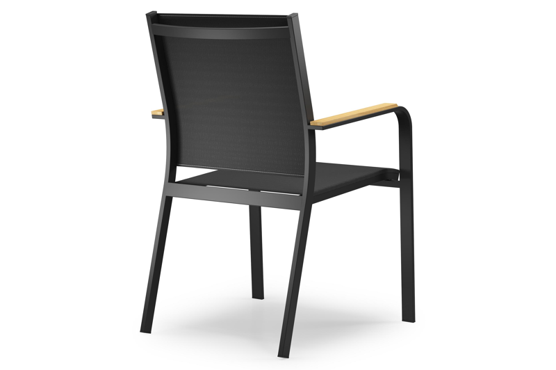 Amalfi tuinset met verlengbare tafel in zwart aluminium en teak tafelblad met 8 stapelbare Amalfi tuinstoelen