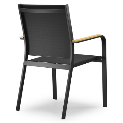 Amalfi tuinset met verlengbare tafel in zwart aluminium en teak tafelblad met 8 stapelbare Amalfi tuinstoelen