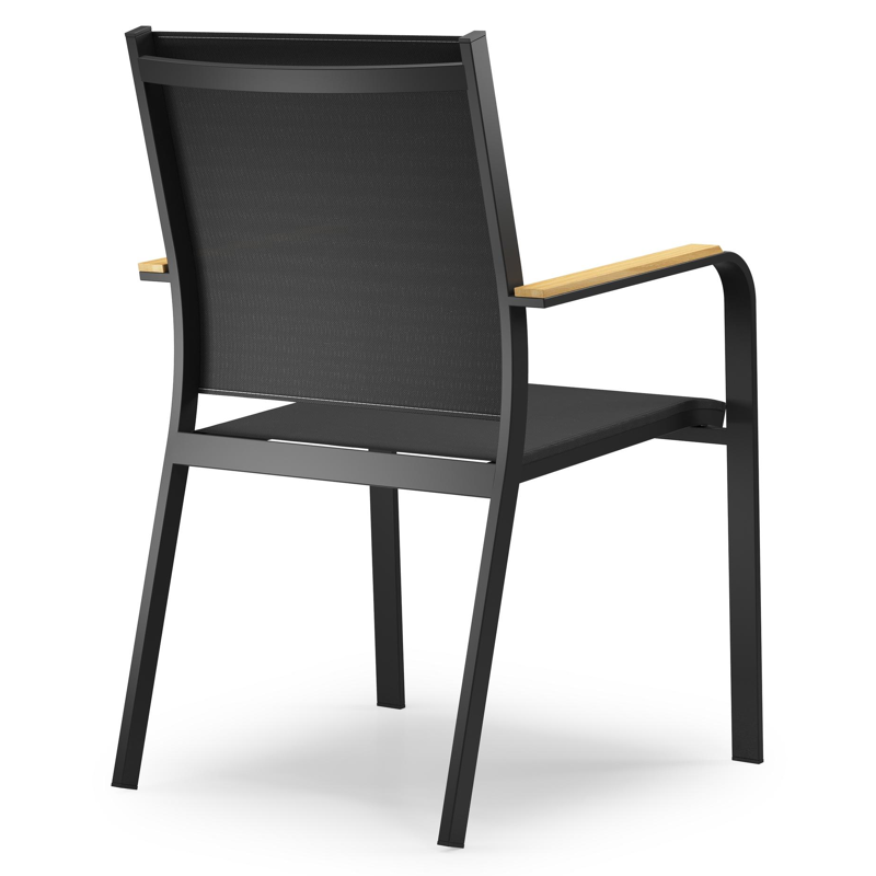 Amalfi stapelbare tuinstoel in zwart aluminium en zwart textilene en teak armleuning