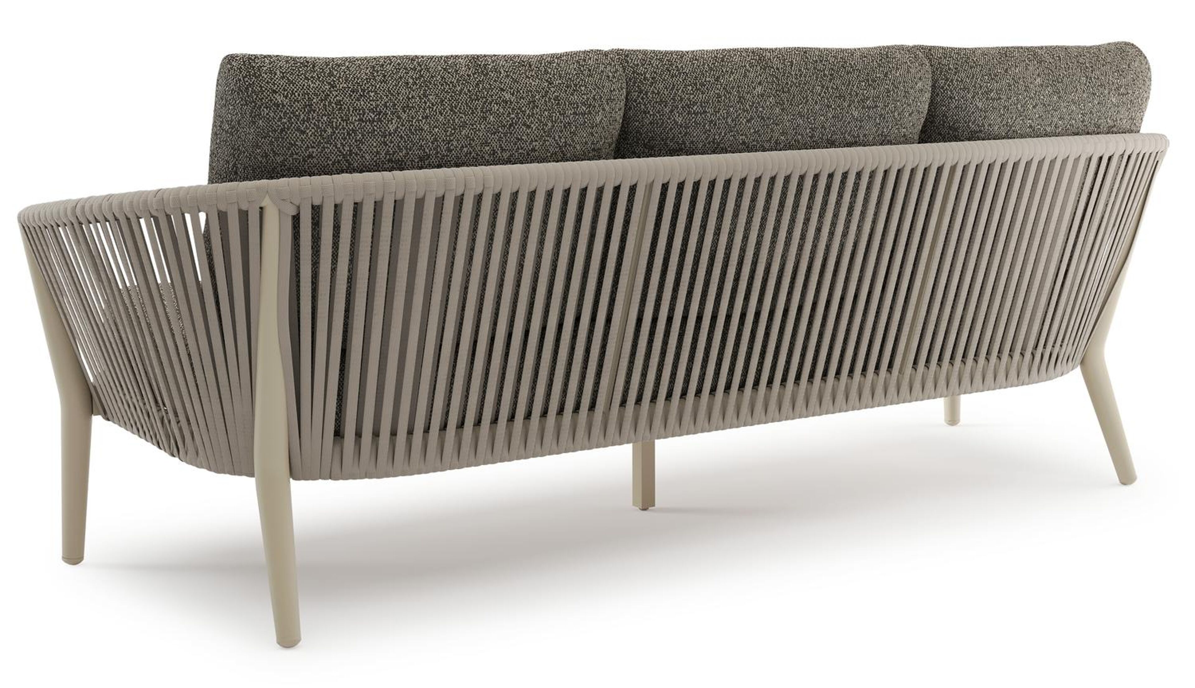 Orso loungebank in beige aluminium en beige verticaal geweven luxe vlakke rope met Marbella Tunder all weather cosytica kussen