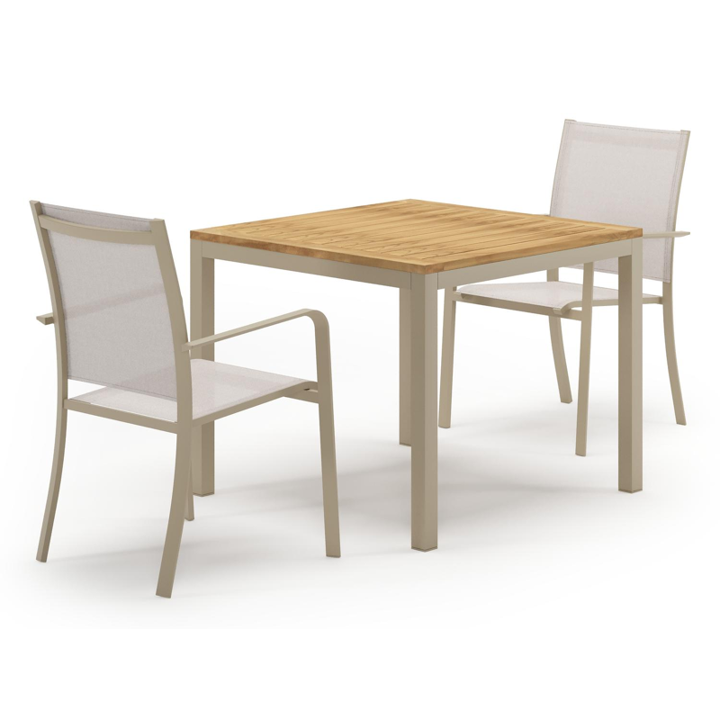 Ensemble de jardin Feltro en aluminium beige et teck natural finish avec 2 chaises de jardin empilable Calobra