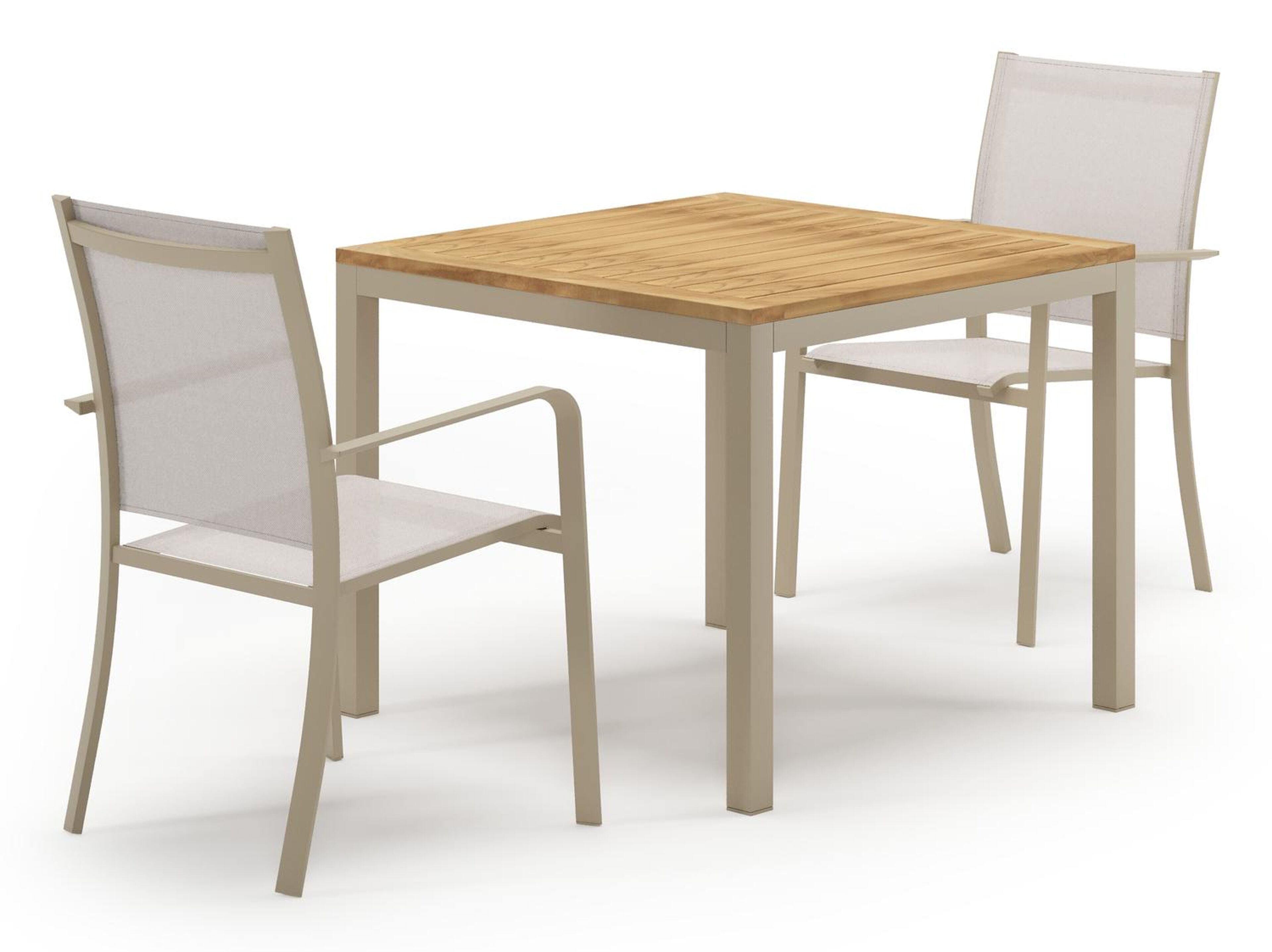 Ensemble de jardin Feltro en aluminium beige et teck natural finish avec 2 chaises de jardin empilable Calobra