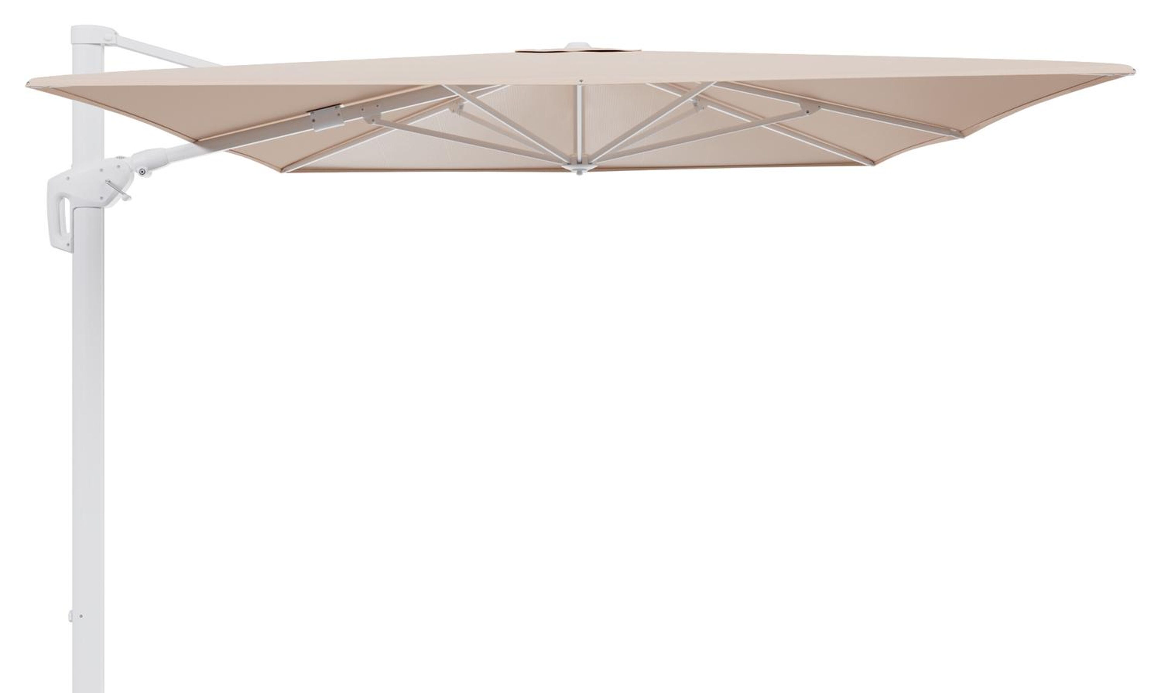 Parasol pendant Minore avec fonction tilt en aluminium blanc et toile de parasol en All Weather Sunbrella® Luxe Natte Linen Chalk  - Lg.1 400 x Lg.2 300 cm (sans pied de parasol)