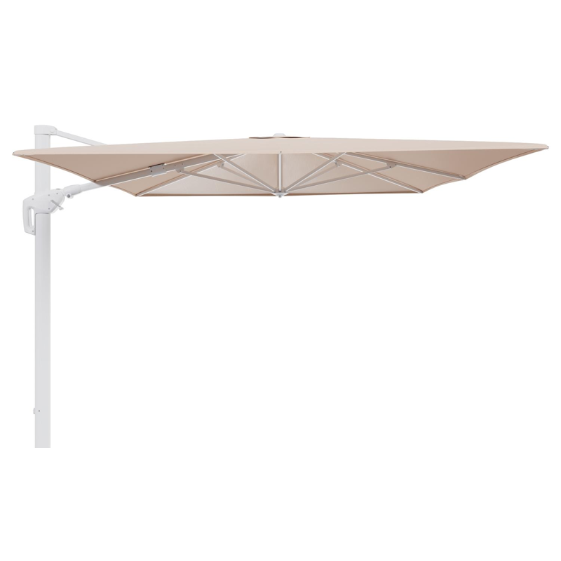 Parasol pendant Minore avec fonction tilt en aluminium blanc et toile de parasol en All Weather Sunbrella® Luxe Natte Linen Chalk - Lg.1 400 x Lg.2 300 cm (sans pied de parasol)