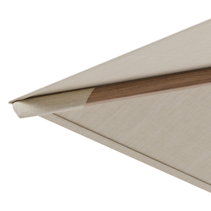 Rufina zweefparasol met tiltfunctie in aluminium houtlook met beige all weather sunbrella® premium parasoldoek - L1 400 x L2 300 cm met parasolvoet Lapido 160 kg