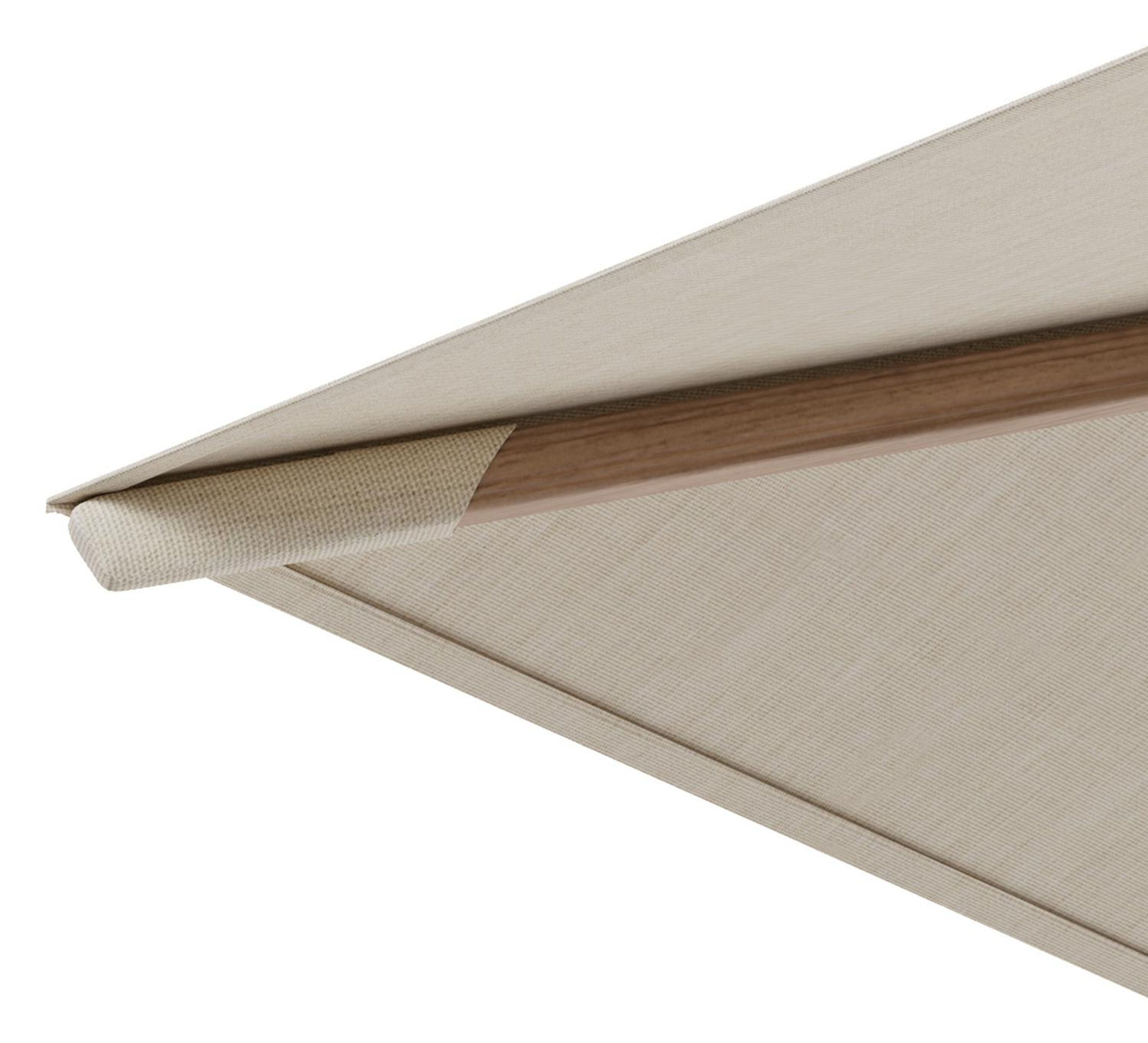 Parasol pendant Rufina en aspect de bois aluminium avec fonction tilt et toile de parasol en all weather sunbrella® premium beige - Lg.1 400 x Lg.2 300 cm avec pied de parasol Lapido 160 kg