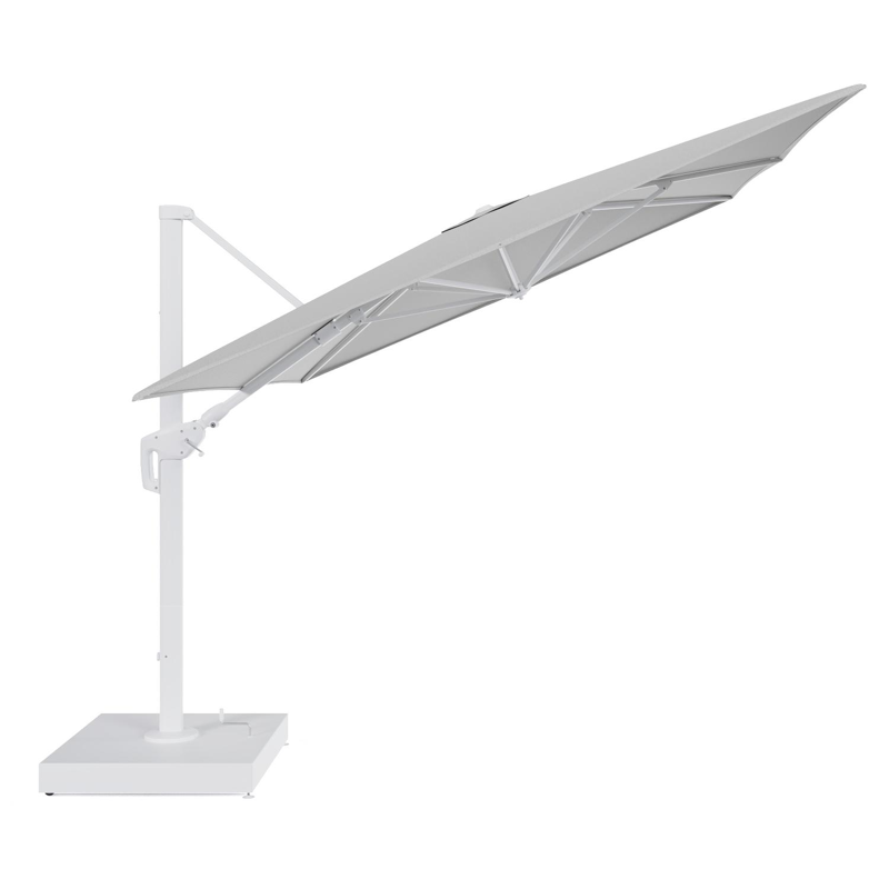 Minore zweefparasol met tiltfunctie in wit aluminium en All Weather Sunbrella Luxe Savane Nimbus - L1 400 x L2 300 cm met parasolvoet Minore 260 kg met wielen