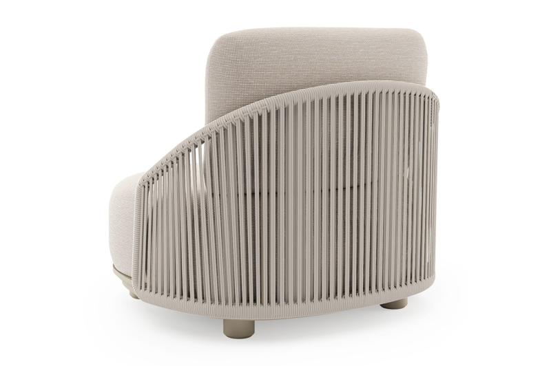 Fauteuil de jardin Vadelo en aluminium beige et corde ronde tissée verticalement beige et coussins en all weather sunbrella® luxe slow farafra