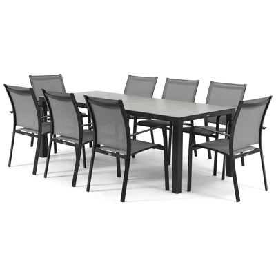 Varese tuinset in zwart aluminium en grijs volkeramiek tafelblad met 8 stapelbare Calobra tuinstoelen