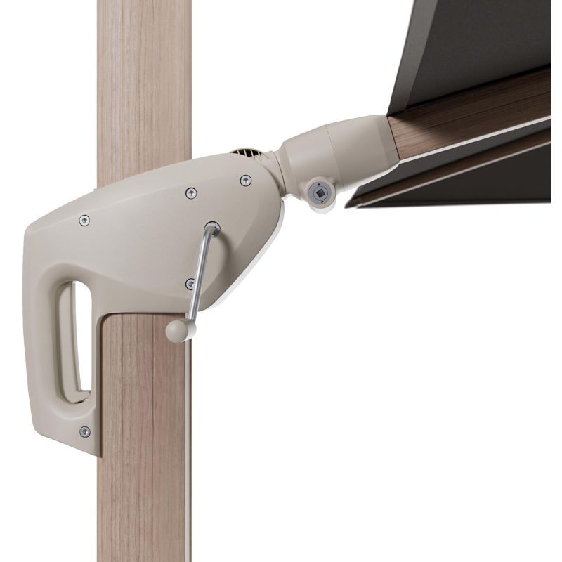 Minore zweefparasol met tiltfunctie in houtlook aluminium en Natte Carbon beige All Weather Sunbrella® Luxe parasoldoek - L1: 280 x L2: 370 cm (zonder voet)