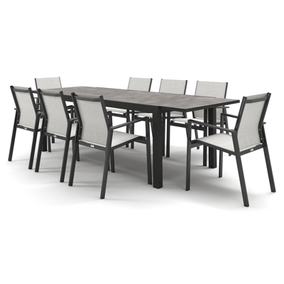 Oviedo tuinset met verlengbare tafel in zwart aluminium en grijs keramische print tafelblad met 8 stapelbare Bahia tuinstoelen