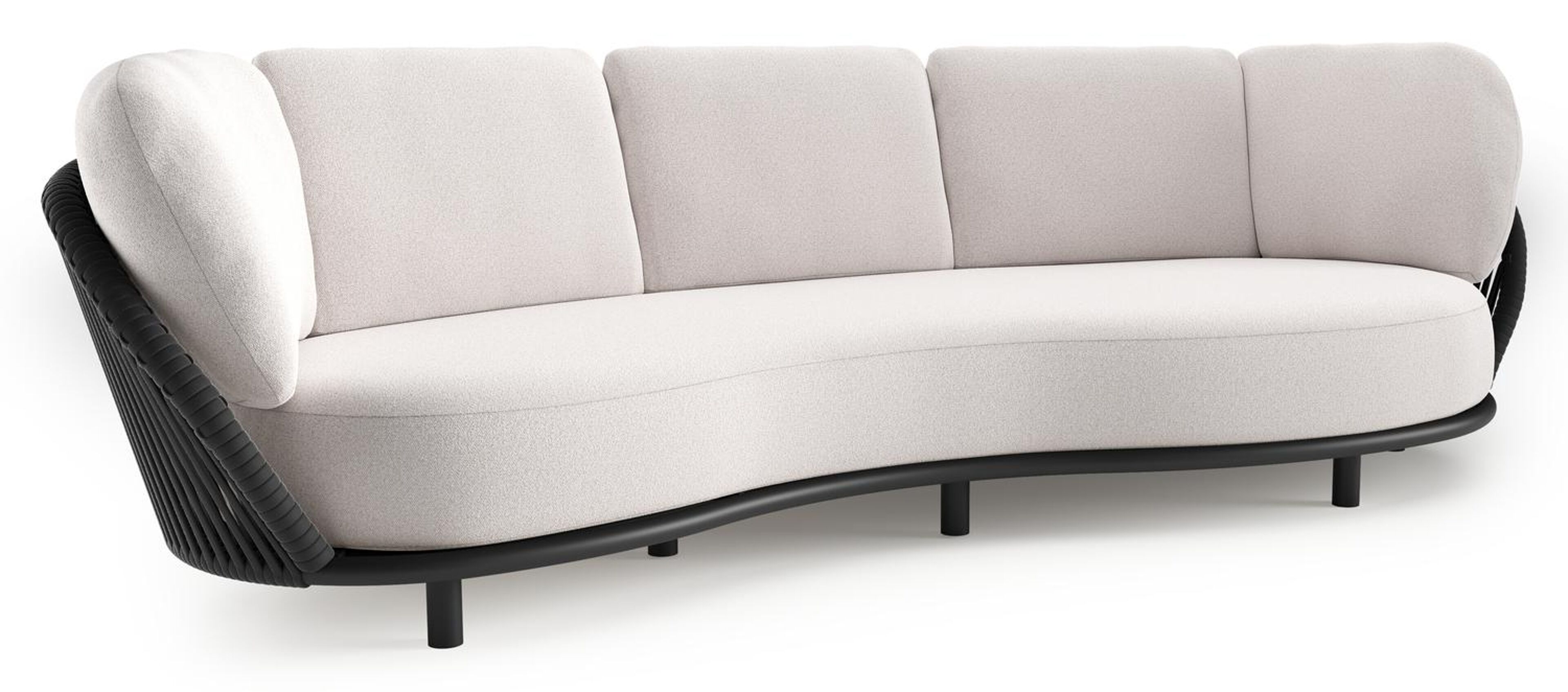 Lupino loungebank in zwart aluminium en zwart verticaal geweven luxe vlakke brede rope met ego eggshell all weather solica kussen