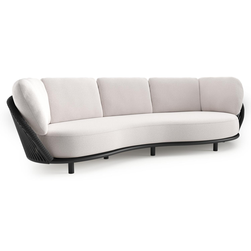 Lupino loungebank in zwart aluminium en zwart verticaal geweven luxe vlakke brede rope met ego eggshell all weather solica kussen