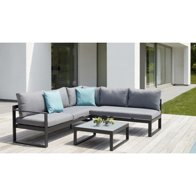 Caldela loungehoek in zwart aluminium met grijs polyester kussens en loungetafel