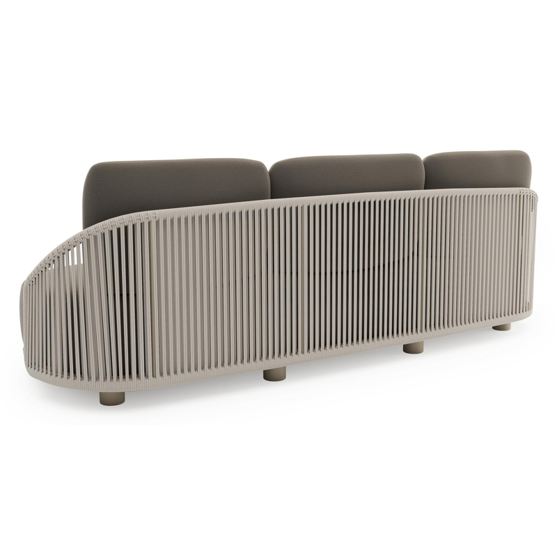 Canapé de jardin Vadelo en aluminium beige et corde ronde tissée verticalement beige et coussins en all weather sunbrella® luxe natte carbon beige