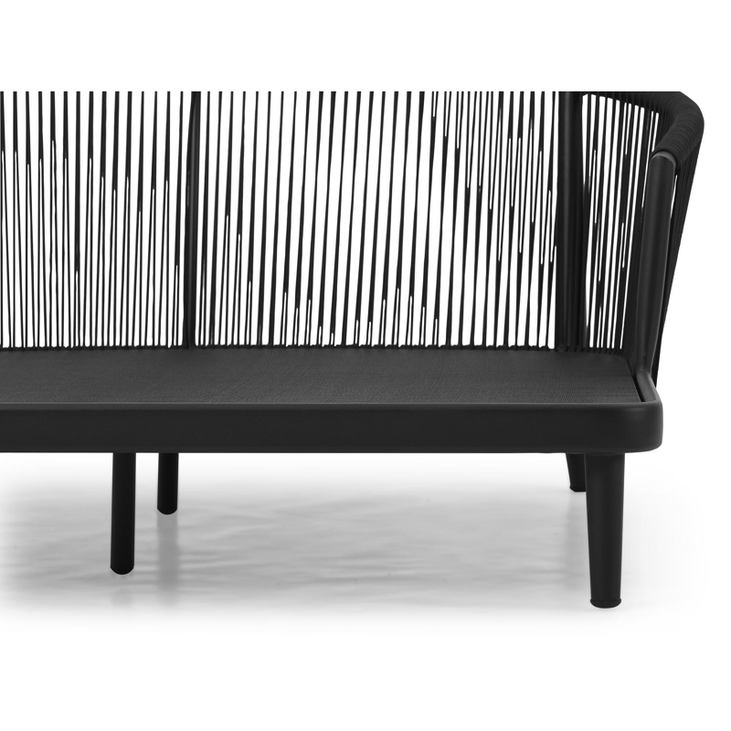 Orso dubbel ligbed in zwart aluminium en zwart verticaal geweven rope met savane tornado all weather sunbrella® luxe kussens met zwart aluminium bijzettafel