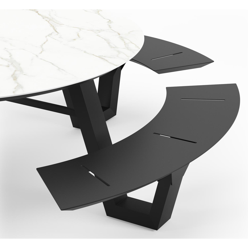 Rondino picknicktafel rond in zwart aluminium en volkeramiek Calacatta - Dia. 236 x H 71.5 cm
