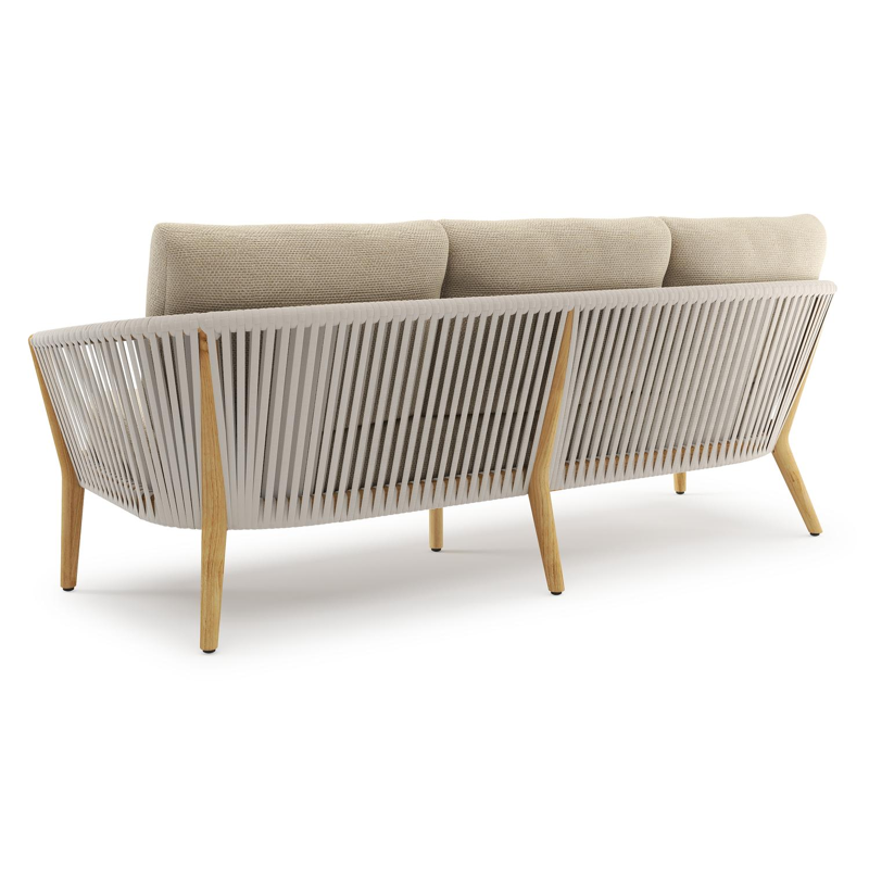 Orso loungebank in teak en beige verticaal geweven luxe vlakke rope met Althea Camel all weather cosytica kussen