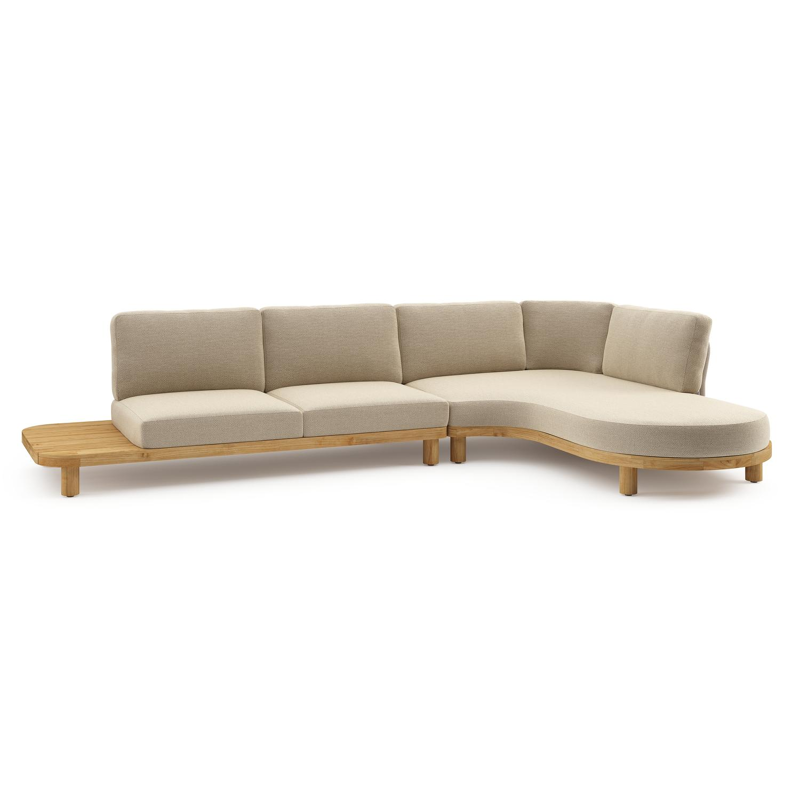 Salon de jardin d'angle Donato en teck et corde ronde tissée verticalement beige et coussins en all weather cosytica Althea Camel