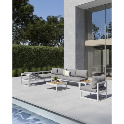 Caldela loungehoek in wit aluminium en polywood met grijs polyester kussen en loungetafel