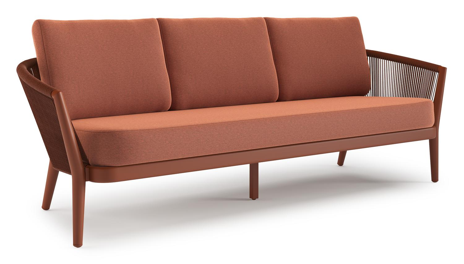 Canapé de jardin Orso en aluminium brun rouille en corde ronde tissée verticalement brun rouille et coussins en all weather sunbrella® luxe Heritage Rust