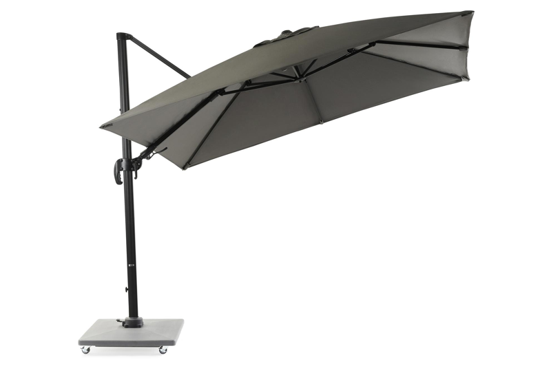 Avola zweefparasol met tiltfunctie in zwart aluminium met grijs sunbrella® premium parasoldoek - L1 300 x L2 300 cm (met voet)