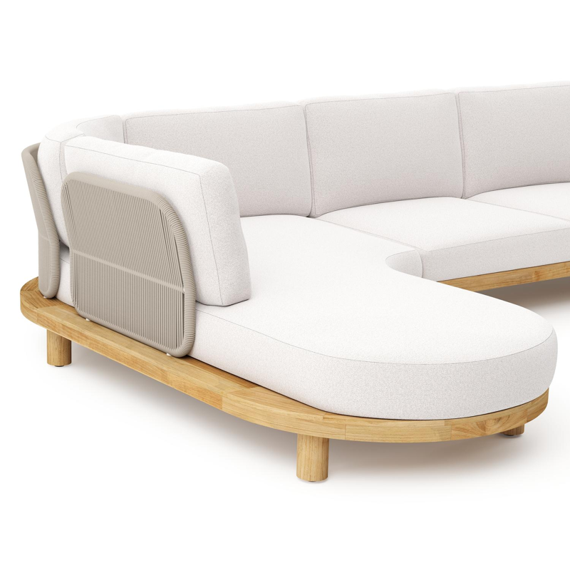 Donato loungehoek in teak en beige verticaal geweven ronde rope met all weather solica Ego Eggshell kussen