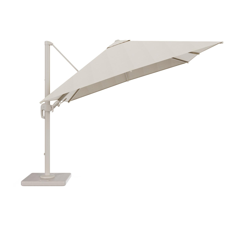 Rufina zweefparasol met tiltfunctie in beige aluminium en beige Sunbrella® Premium parasoldoek - L1 300 x L2 300 cm met parasolvoet Lapido 120 kg