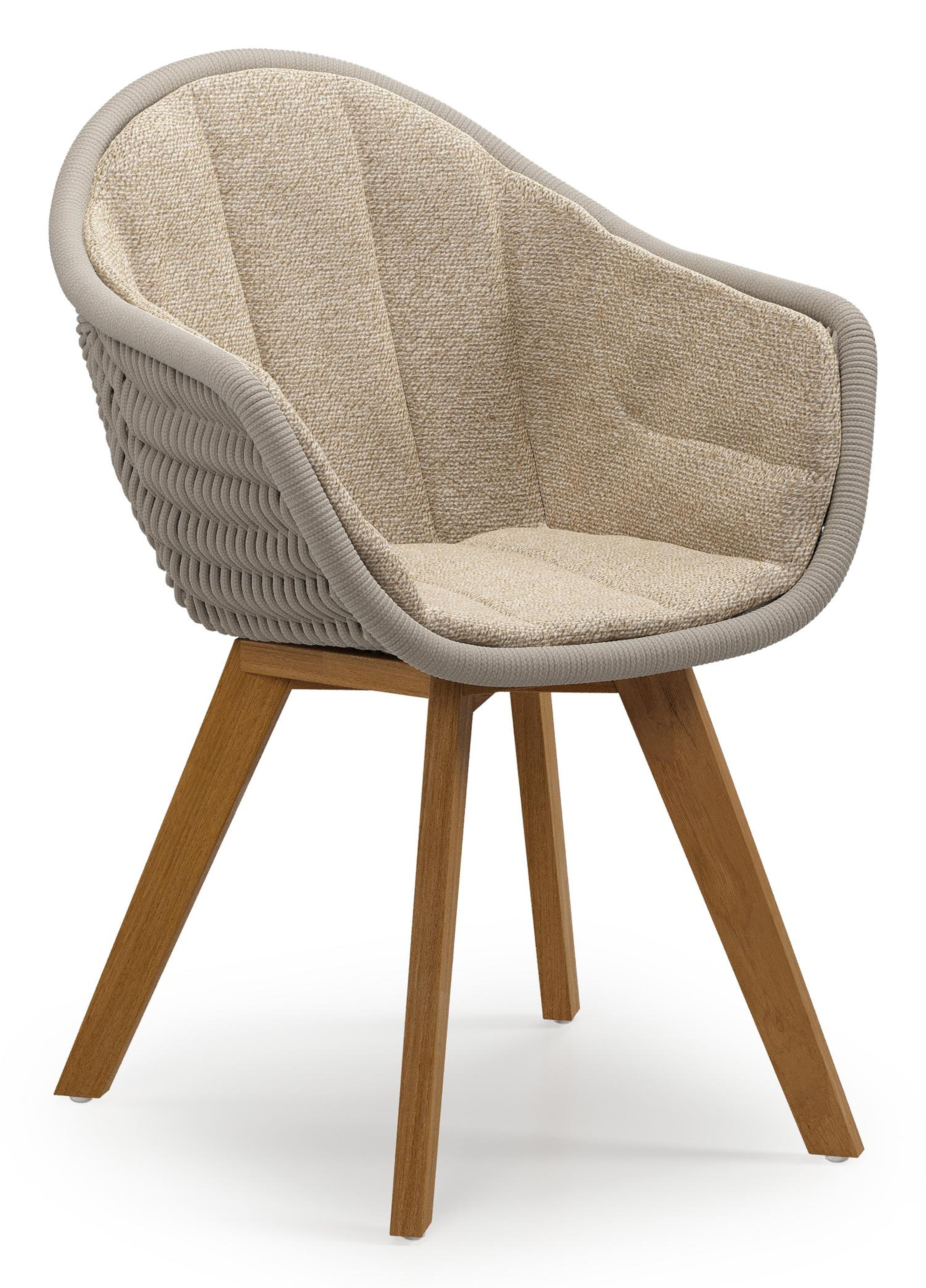 Pagino tuinstoel in teak en beige verticaal geweven ronde rope met kussen in madagascar oak all weather cosytica