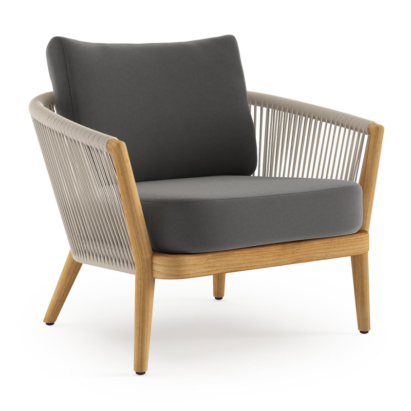 Orso loungestoel in teak en beige verticaal geweven ronde rope met Natte Charcoal Chine all weather sunbrella® luxe kussen