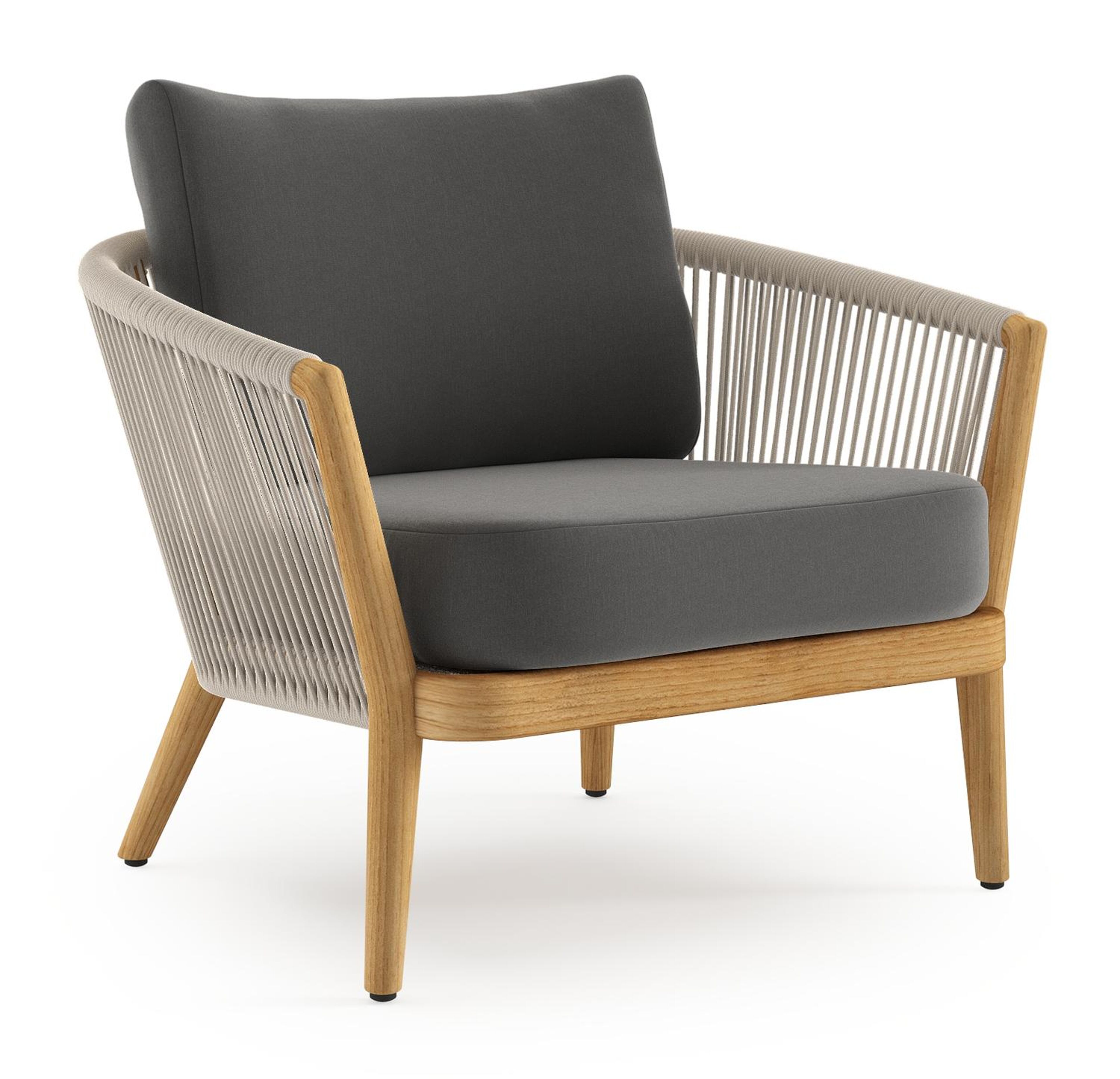 Orso loungestoel in teak en beige verticaal geweven ronde rope met Natte Charcoal Chine all weather sunbrella® luxe kussen