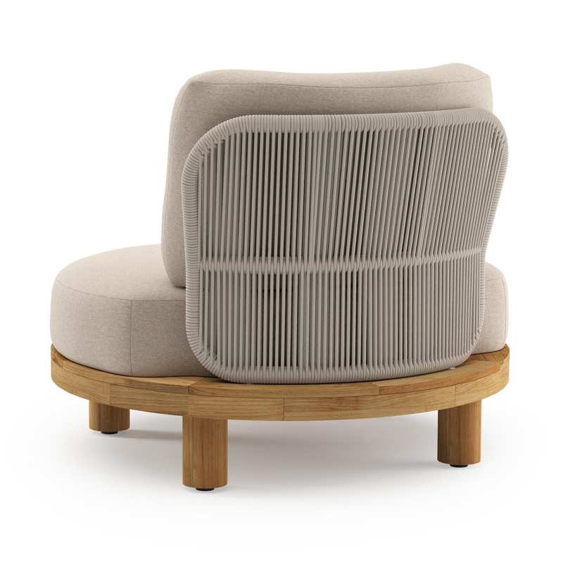 Donato loungestoel in teak en beige verticaal geweven ronde rope met all weather sunbrella® luxe Heritage Ash kussen