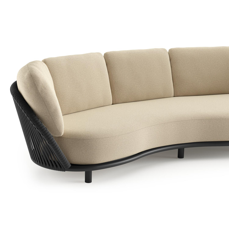 Lupino loungebank in zwart aluminium en zwart verticaal geweven luxe vlakke brede rope met soul papyrus all weather solica kussen