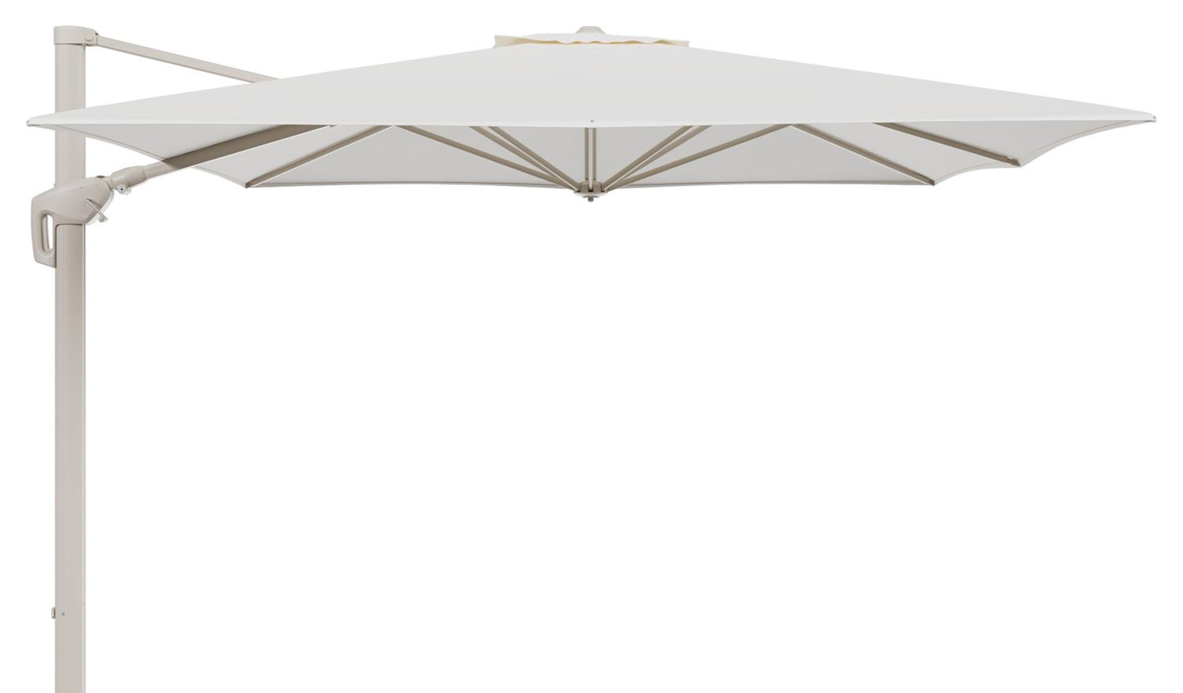 Parasol pendant Minore avec fonction tilt en aluminium beige et toile de parasol All Weather Sunbrella® Luxe Natte White - Lg.1: 350 x Lg.2: 350 cm (sans pied de parasol