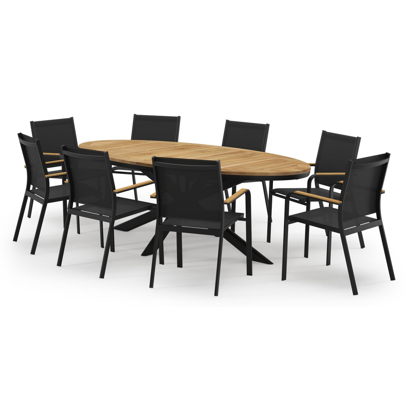 Pamplona ovale tuinset in zwart aluminium en teak natural finish met 8 Amalfi tuinstoelen