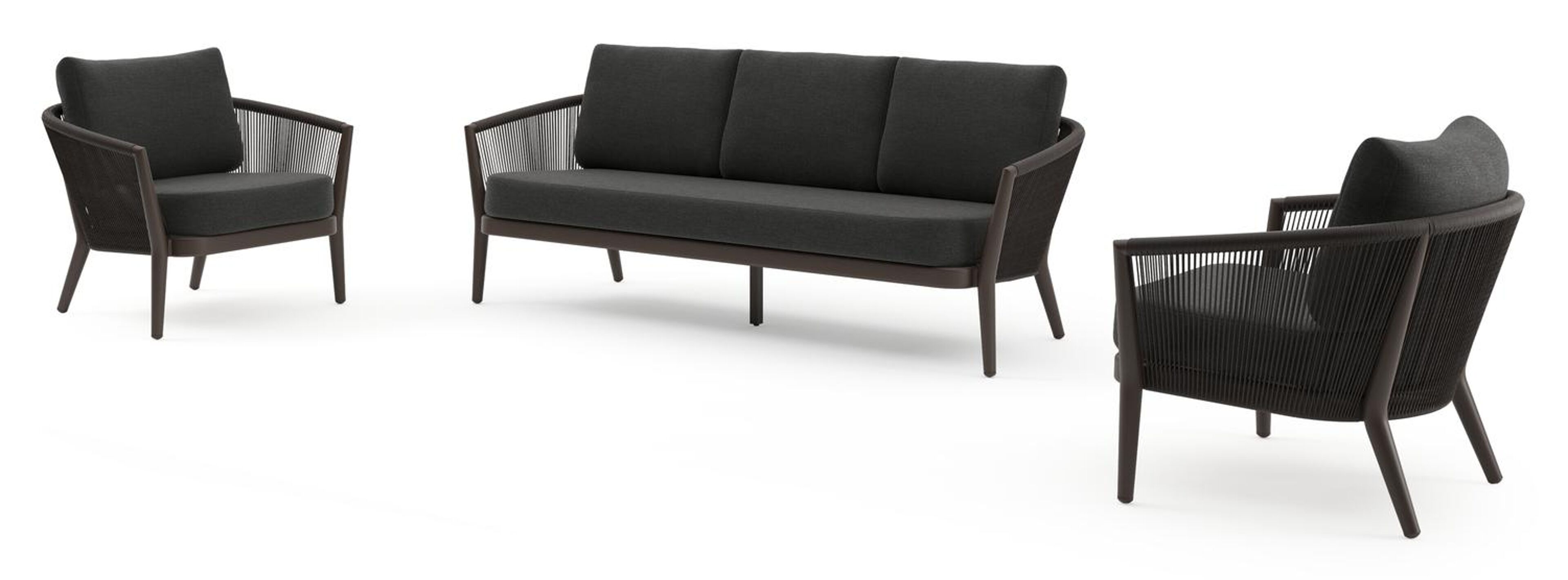 Orso loungeset in donkerbruin aluminium en donkerbruin verticaal geweven ronde rope met Chartres Sooty all weather sunbrella® luxe kussen