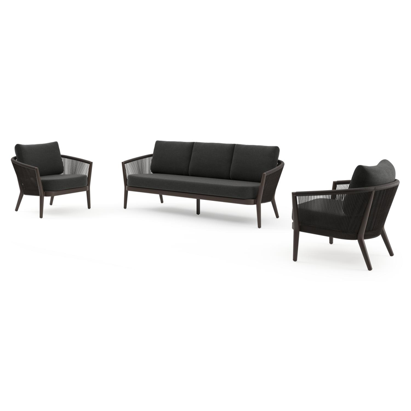 Orso loungeset in donkerbruin aluminium en donkerbruin verticaal geweven ronde rope met Chartres Sooty all weather sunbrella® luxe kussen