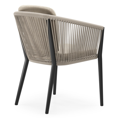 Orso tuinstoel in zwart aluminium en beige verticaal geweven ronde rope met zitkussen in All Weather Cosytica Althea Chalk