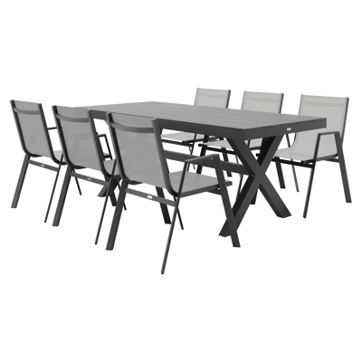 Ensemble de jardin Bahia en aluminium noir avec 6 chaises de jardin empilables Oviedo