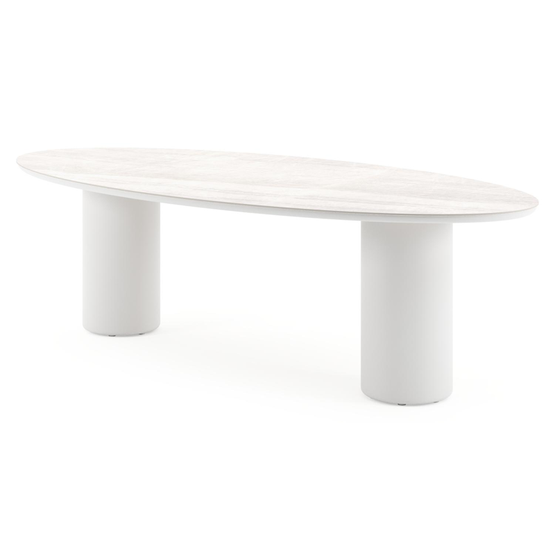 Table de jardin Amico oval en aluminium blanc et céramique pleine Taj Mahal - Lg. 260 x Lrg. 125 x Haut. 73.5 cm