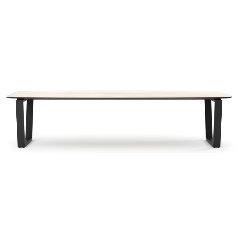 Table de jardin Pagino forme de bateau en aluminium noir et céramique pleine Travertino Bianco - Lg. 315 x Lrg. 115 x Haut. 73 cm