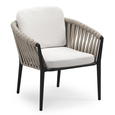 Chaise de jardin low dining Orso en aluminium noir et corde large plate de luxe tissée verticalement beige avec coussin en All Weather Solica Soul Optik