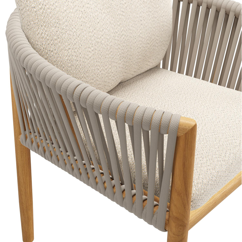 Organo tuinstoel in teak en beige verticaal geweven luxe vlakke rope met zitkussen in All Weather Sunbrella® Luxe Lopi Sand